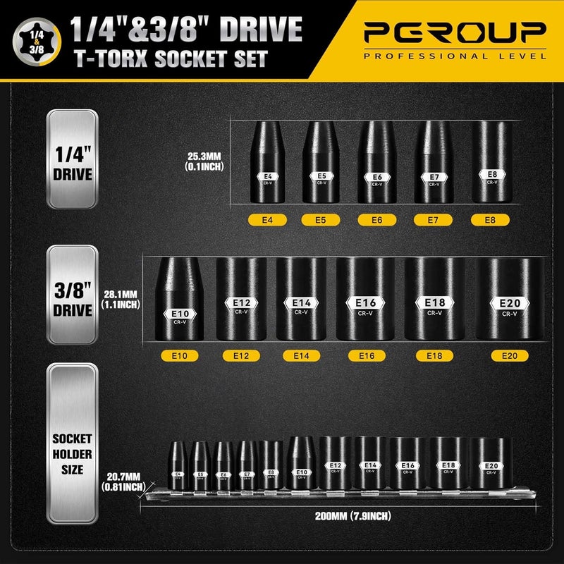 pgroup E-Torx Socket Set with Holder, E4-E20 Female External Sockets, 3/8” 1/4” Drive Inverted Star Socket - Image 2